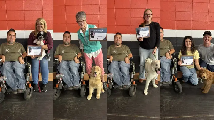 Four graduates from the 121st Puppy Preschool class with Jason Lake at Prodogz Dog Training in Medford, Oregon