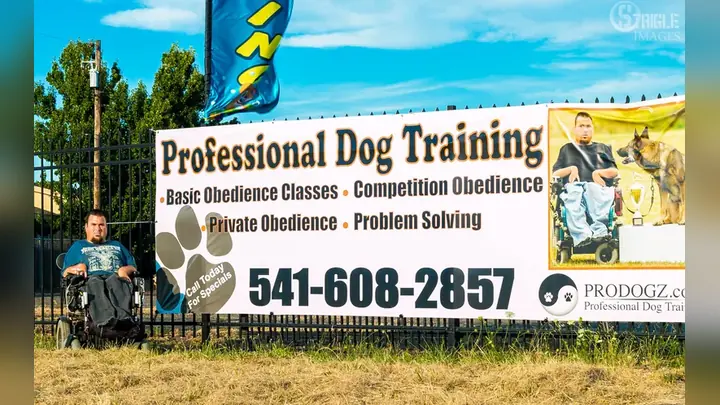 Clients and dogs in a Prodogz Dog Training basic obedience class led by Jason Lake in Medford, Oregon on July 7, 2015