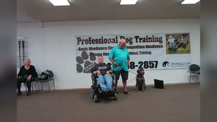 Clients and dogs in a Prodogz Dog Training basic obedience class led by Jason Lake in Medford, Oregon on May 20, 2019