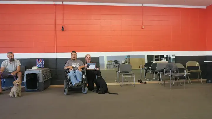 Clients and dogs in a Prodogz Dog Training puppy class led by Jason Lake in Medford, Oregon on September 6, 2019