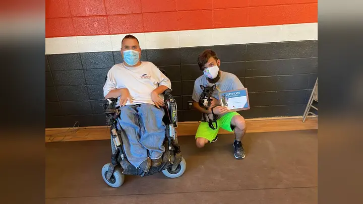 Clients and dogs in a Prodogz Dog Training puppy class led by Jason Lake in Medford, Oregon on August 23, 2020