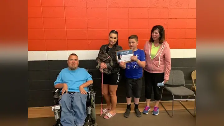 Clients and dogs in a Prodogz Dog Training puppy class led by Jason Lake in Medford, Oregon on April 28, 2021