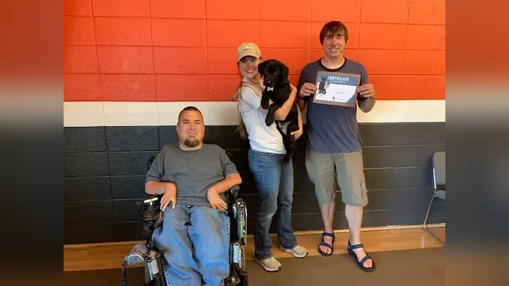 Clients and dogs in a Prodogz Dog Training puppy class led by Jason Lake in Medford, Oregon on June 18, 2021