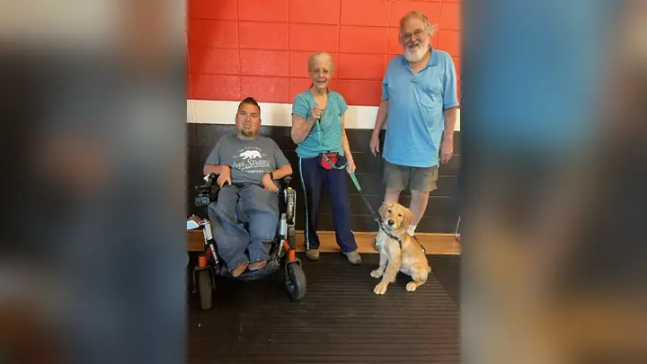 Clients and dogs in a Prodogz Dog Training puppy class led by Jason Lake in Medford, Oregon on May 12, 2023