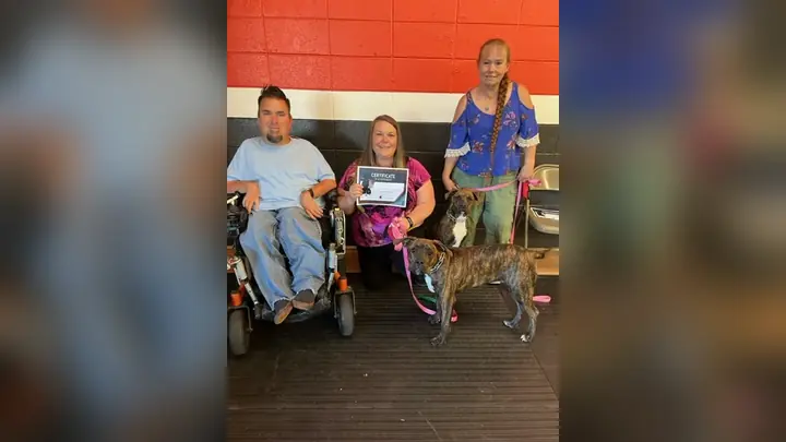 Clients and dogs in a Prodogz Dog Training puppy class led by Jason Lake in Medford, Oregon on June 2, 2023