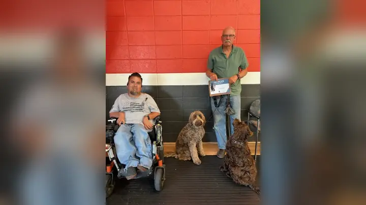 Clients and dogs in a Prodogz Dog Training puppy class led by Jason Lake in Medford, Oregon on July 11, 2025