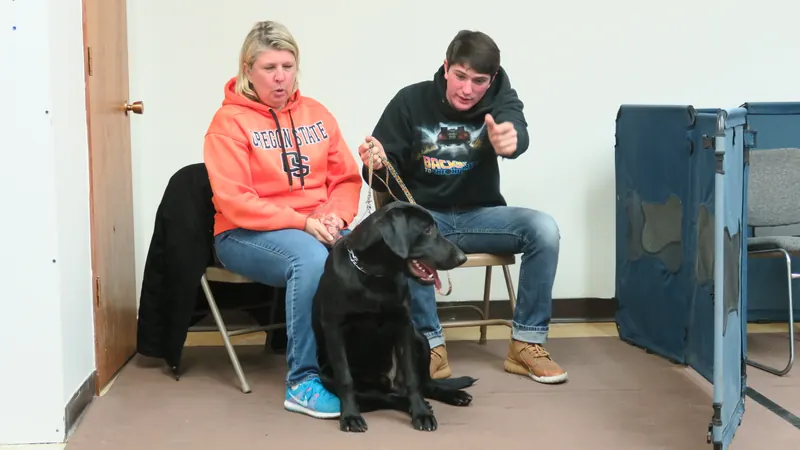Clients and dogs in a Prodogz Dog Training basic obedience class led by Jason Lake in Medford, Oregon — November 6, 2017, photo 5
