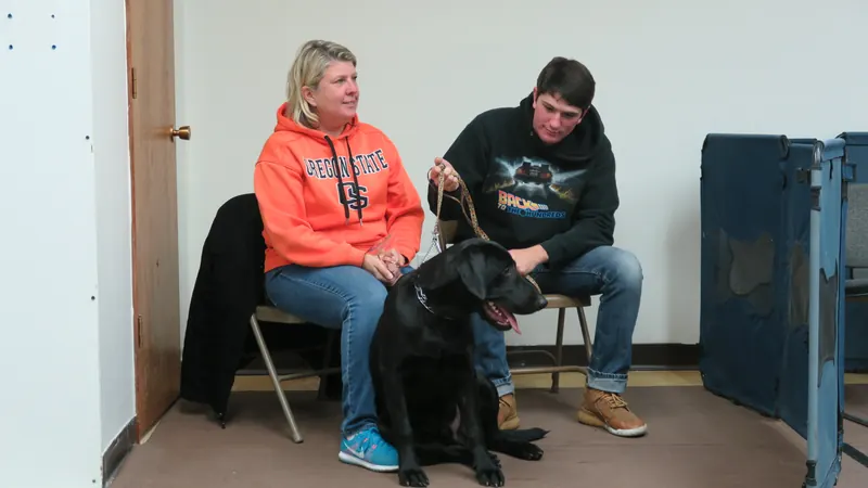 Clients and dogs in a Prodogz Dog Training basic obedience class led by Jason Lake in Medford, Oregon — November 6, 2017, photo 7