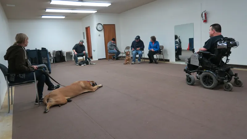 Clients and dogs in a Prodogz Dog Training basic obedience class led by Jason Lake in Medford, Oregon — January 1, 2018, photo 1