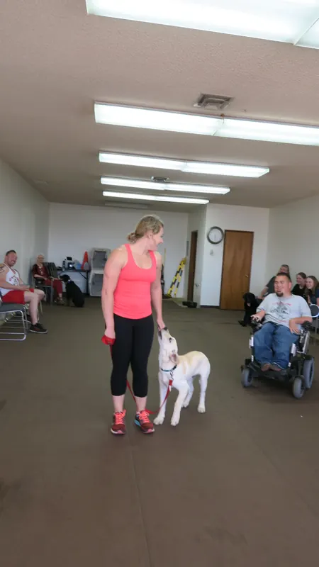 Clients and dogs in a Prodogz Dog Training basic obedience class led by Jason Lake in Medford, Oregon — May 21, 2018, photo 1