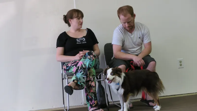 Clients and dogs in a Prodogz Dog Training basic obedience class led by Jason Lake in Medford, Oregon — June 25, 2018, photo 3