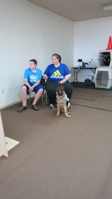 Clients and dogs in a Prodogz Dog Training basic obedience class led by Jason Lake in Medford, Oregon — July 2, 2018, photo 9