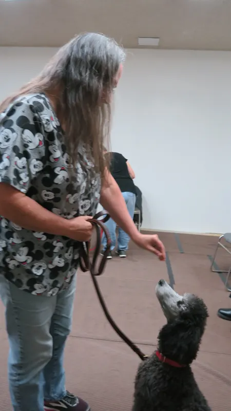 Clients and dogs in a Prodogz Dog Training basic obedience class led by Jason Lake in Medford, Oregon — October 22, 2018, photo 16