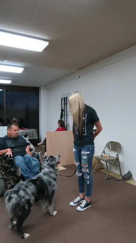 Clients and dogs in a Prodogz Dog Training basic obedience class led by Jason Lake in Medford, Oregon — October 22, 2018, photo 20