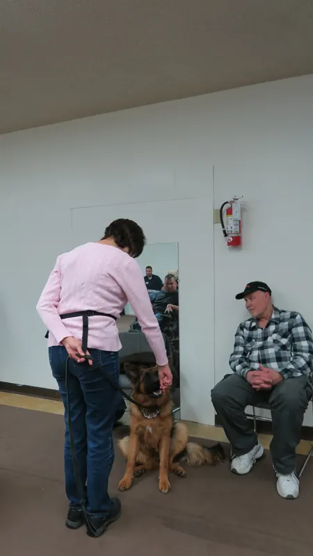 Clients and dogs in a Prodogz Dog Training basic obedience class led by Jason Lake in Medford, Oregon — October 22, 2018, photo 21