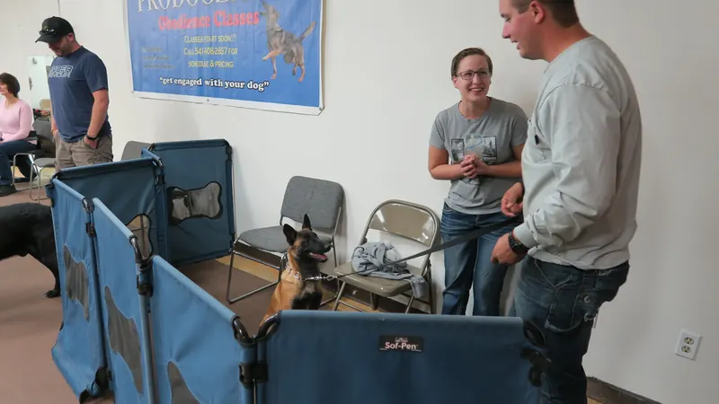 Clients and dogs in a Prodogz Dog Training basic obedience class led by Jason Lake in Medford, Oregon — October 22, 2018, photo 26