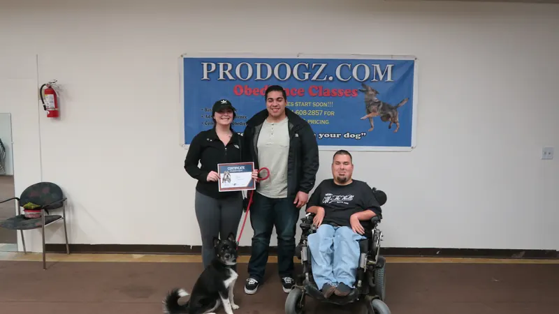 Clients and dogs in a Prodogz Dog Training basic obedience class led by Jason Lake in Medford, Oregon — December 17, 2018, photo 7