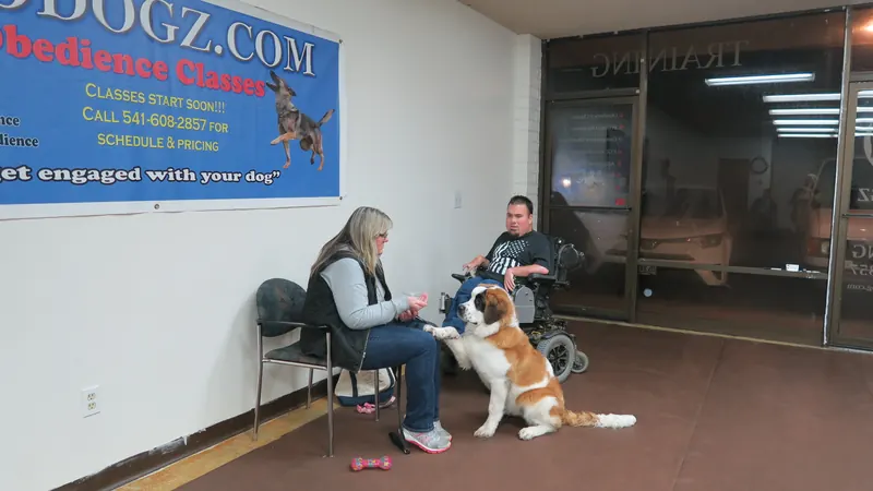 Clients and dogs in a Prodogz Dog Training basic obedience class led by Jason Lake in Medford, Oregon — January 14, 2019, photo 6