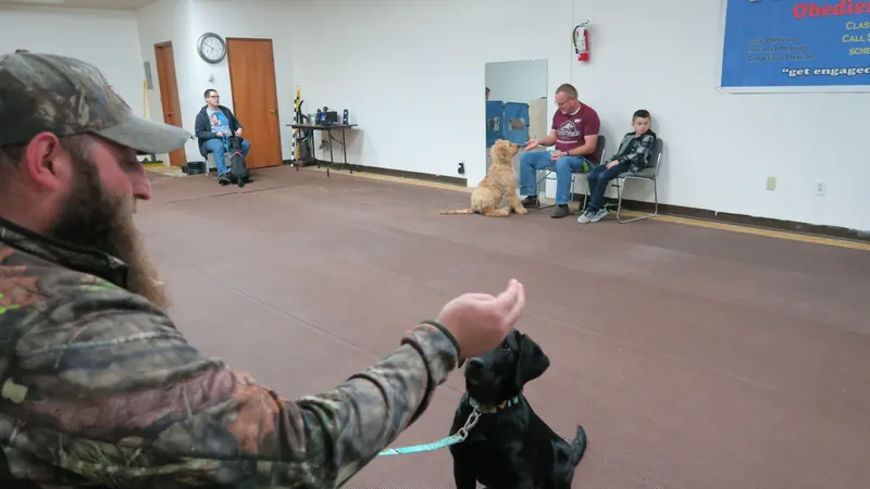 Clients and dogs in a Prodogz Dog Training basic obedience class led by Jason Lake in Medford, Oregon — January 14, 2019, photo 7