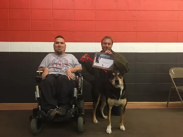 Clients and dogs in a Prodogz Dog Training basic obedience class led by Jason Lake in Medford, Oregon — February 3, 2020, photo 5