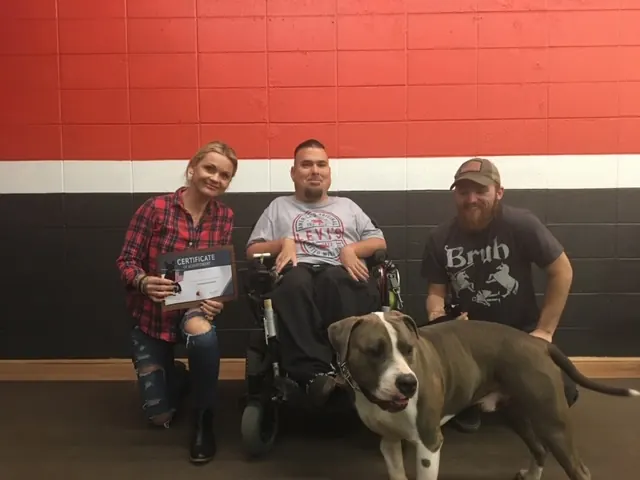 Clients and dogs in a Prodogz Dog Training basic obedience class led by Jason Lake in Medford, Oregon — February 3, 2020, photo 8