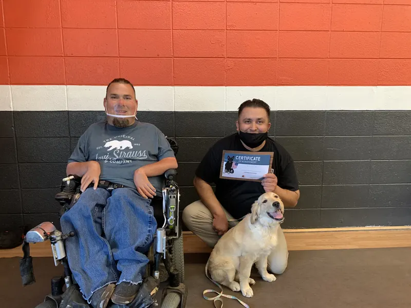 Clients and dogs in a Prodogz Dog Training puppy class led by Jason Lake in Medford, Oregon — April 16, 2021, photo 1