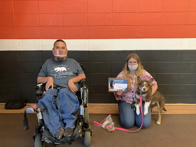 Clients and dogs in a Prodogz Dog Training puppy class led by Jason Lake in Medford, Oregon — April 16, 2021, photo 2