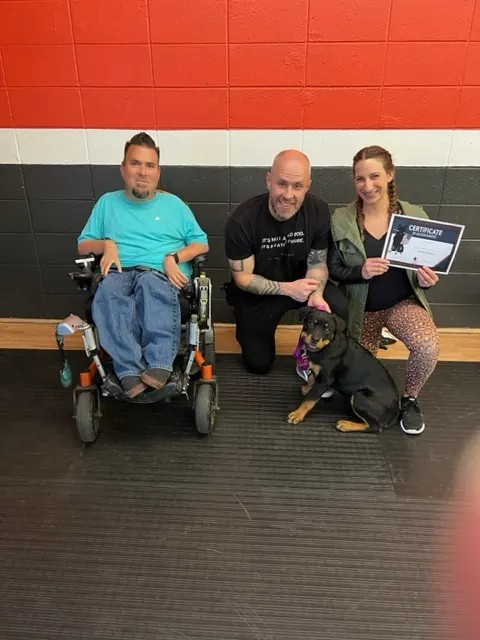 Clients and dogs in a Prodogz Dog Training puppy class led by Jason Lake in Medford, Oregon — April 21, 2023, photo 2