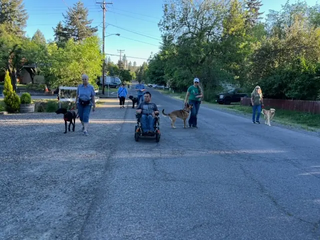 Clients and dogs practicing leash walking with Jason Lake in a Prodogz Move & Groove class in Medford, Oregon — May 14, 2024, photo 9