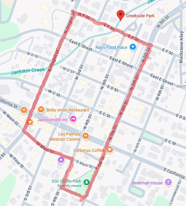 Map of the Move N Groove pack walk route through downtown Jacksonville, Oregon, beginning and ending near Creekside Park