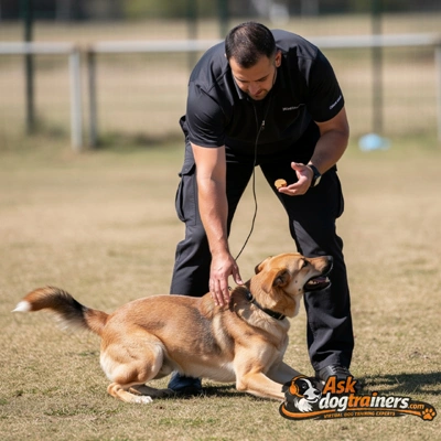 Dog performing down command